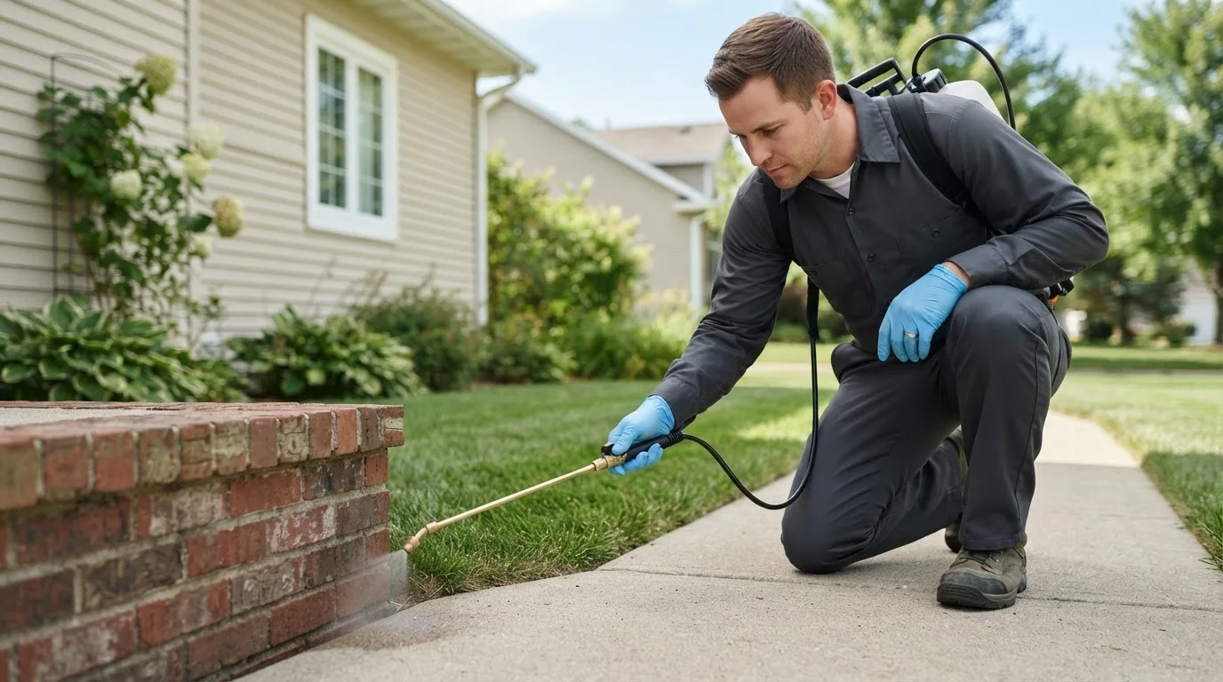 Pest control technician treating a home near Groton, SD